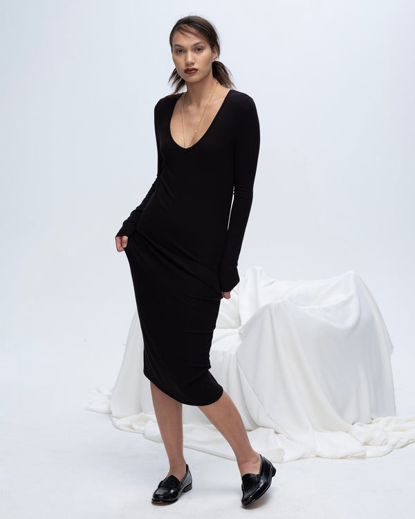 atm anthony thomas melillo MODAL RIB LONG SLEEVE DEEP V-NECK MIDI DRESS atm anthony thomas melillo MODAL RIB LONG SLEEVE DEEP V-NECK MIDI DRESS