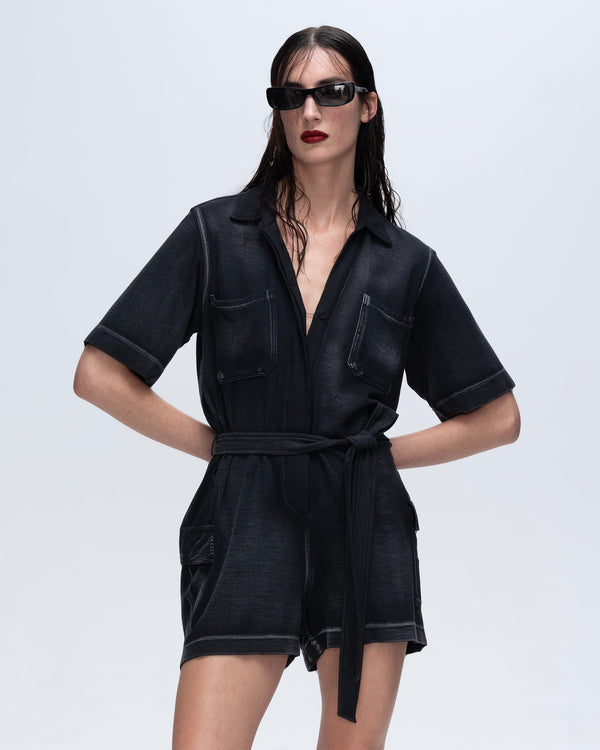 Atm Anthony Thomas Melillo PIQUE MIXED MEDIA SHORT SLEEVE ROMPER