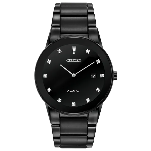 au maison Axiom - Men's Eco-Drive AU1065-58G Black Steel Diamond Watch