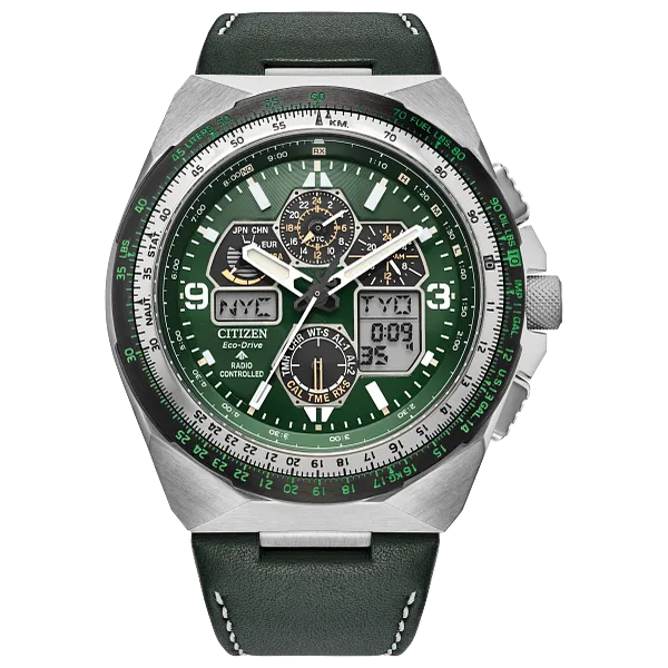 au maison Promaster Skyhawk A-T Green Dial Leather Strap JY8147-01X