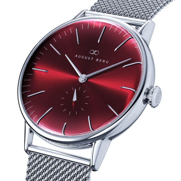 August Berg Burgundy Silver Watch With Silver Mesh Strap
