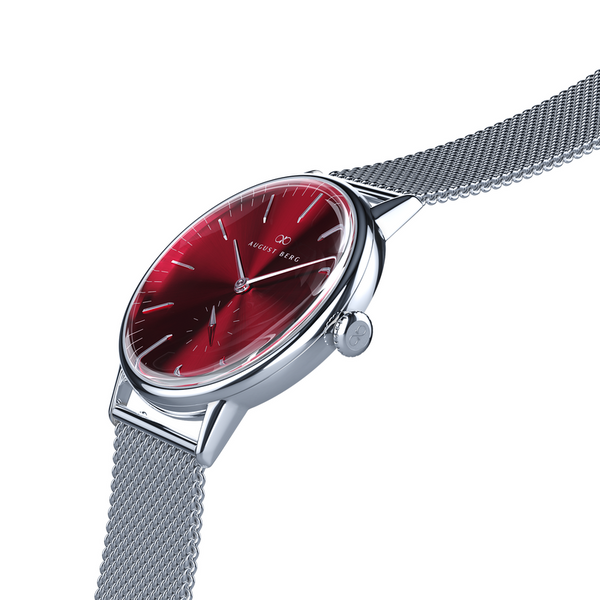 August Berg Burgundy Silver Watch With Silver Mesh Strap