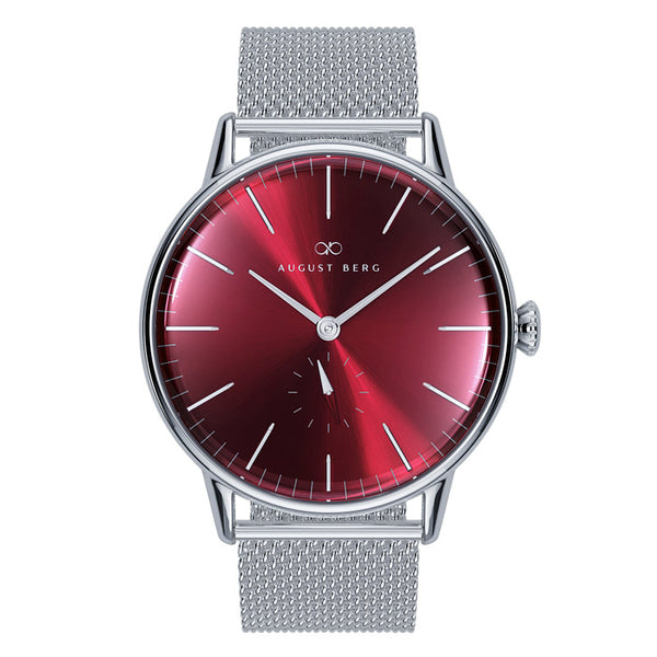 august berg Burgundy Silver Watch With Silver Mesh Strap