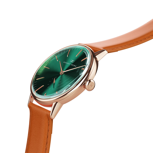 August Berg Green Dial Rose Gold Watch With Brown Strap