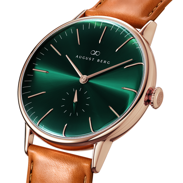 August Berg Green Dial Rose Gold Watch With Brown Strap