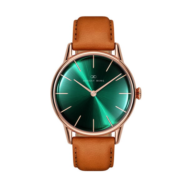 August Berg Green Dial Rose Gold Watch With Brown Strap