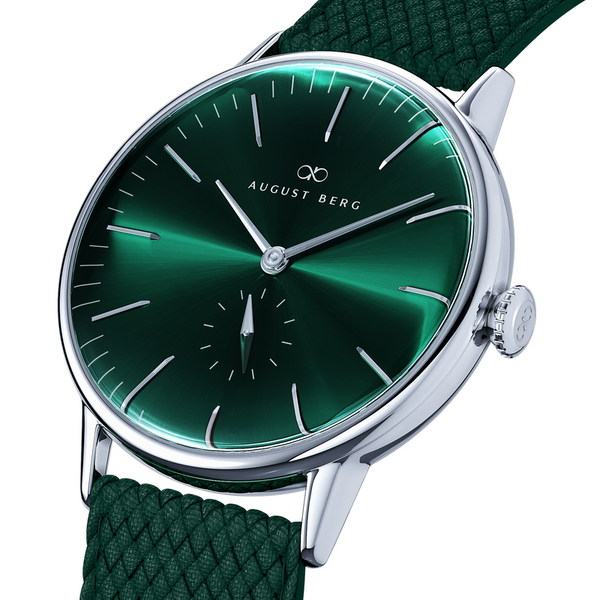 August Berg Green Dial Silver Watch With Dark Green Strap
