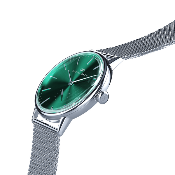 August Berg Green Dial Silver Watch With Silver Mesh Strap