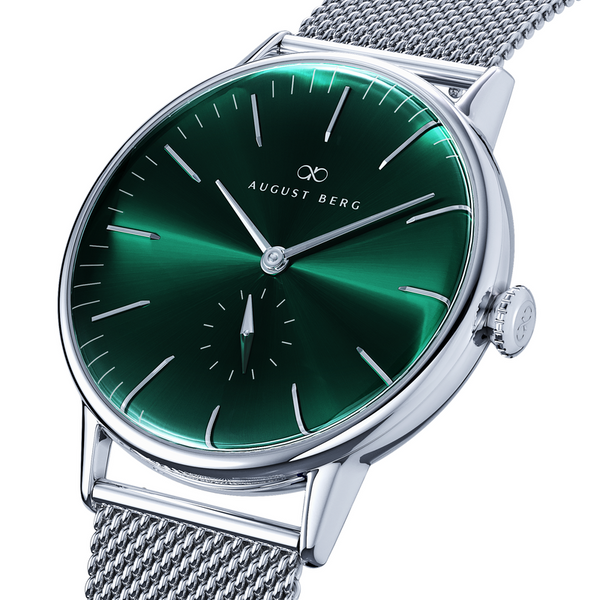 August Berg Green Dial Silver Watch With Silver Mesh Strap