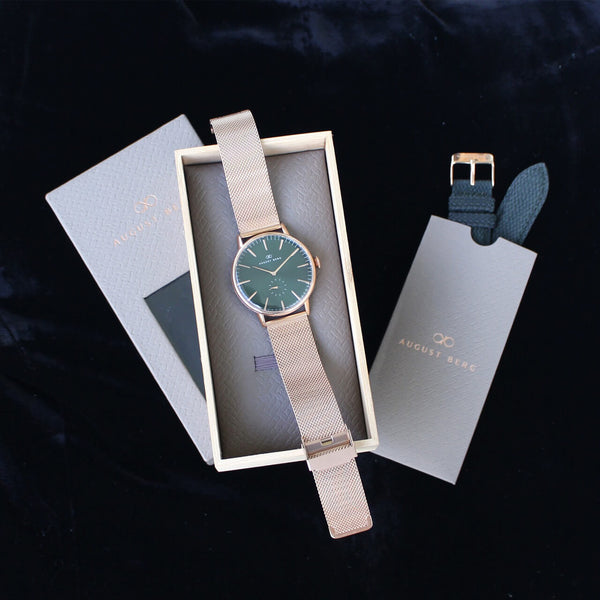 august berg Greenhill Rose Gold Mesh & Perlon Watch Strap Gift Set 40mm