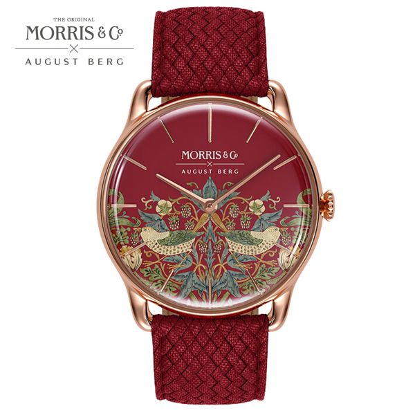 august berg Morris & Co. Crimson Rose Gold Strawberry Thief Watch