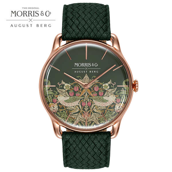 august berg Morris & Co. Fennel Rose Gold Strawberry Thief Watch