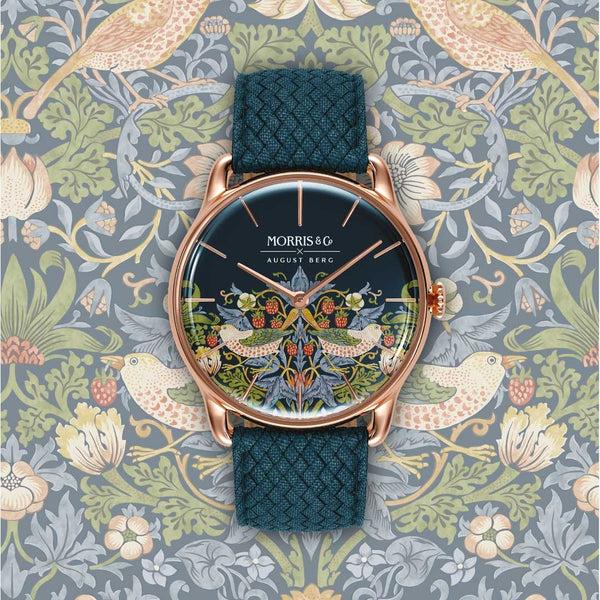 August Berg Morris & Co. Indigo Rose Gold Strawberry Thief Watch