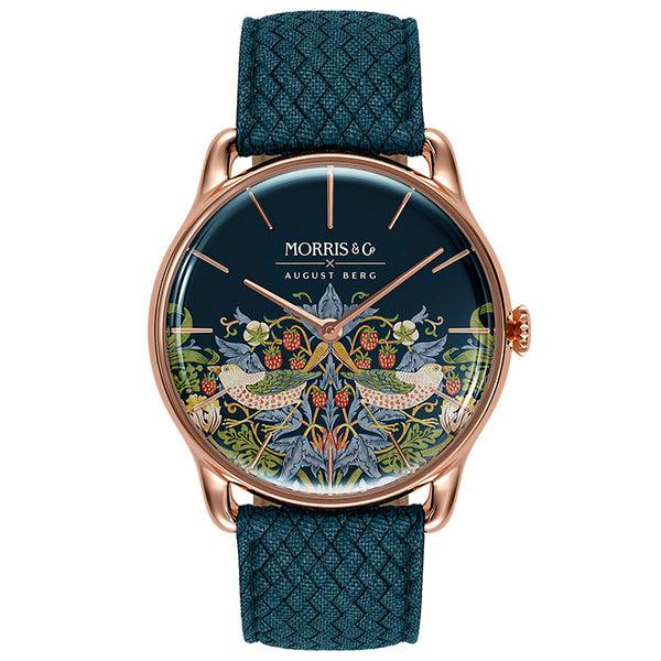 august berg Morris & Co. Indigo Rose Gold Strawberry Thief Watch