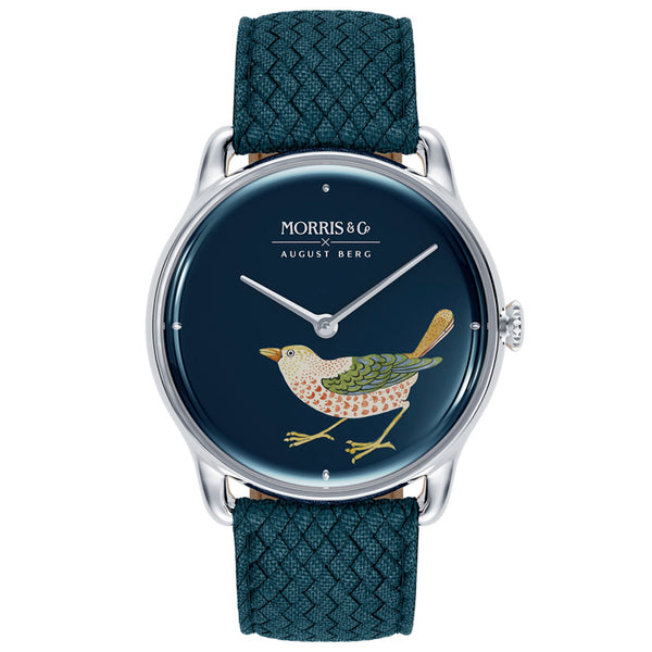 august berg Morris & Co. Indigo Silver Strawberry Thief Bird Watch