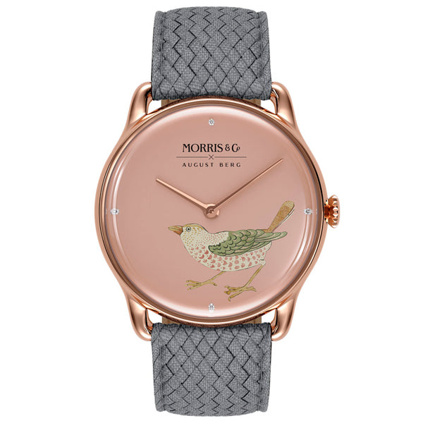 august berg Morris & Co. Primrose Rose Gold Strawberry Thief Bird Watch