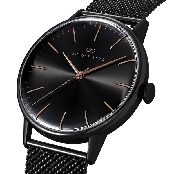 August Berg Noir Black Dial Watch With Black Mesh Strap