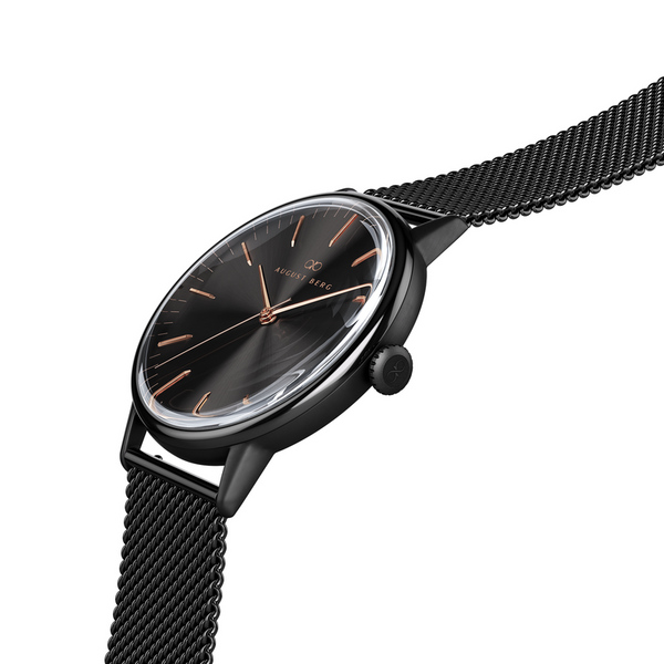 August Berg Noir Black Dial Watch With Black Mesh Strap