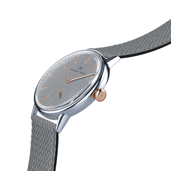 August Berg Nordic Granite Silver & Rose Gold Grey Perlon Watch