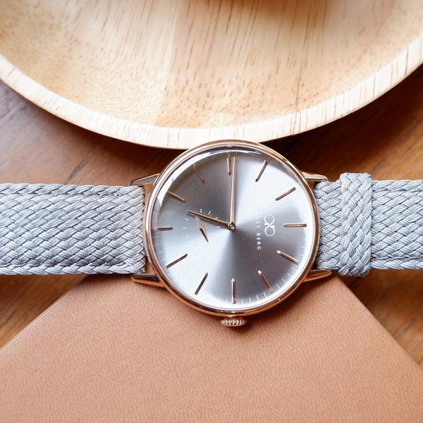 August Berg Nordic Granite Silver & Rose Gold Grey Perlon Watch