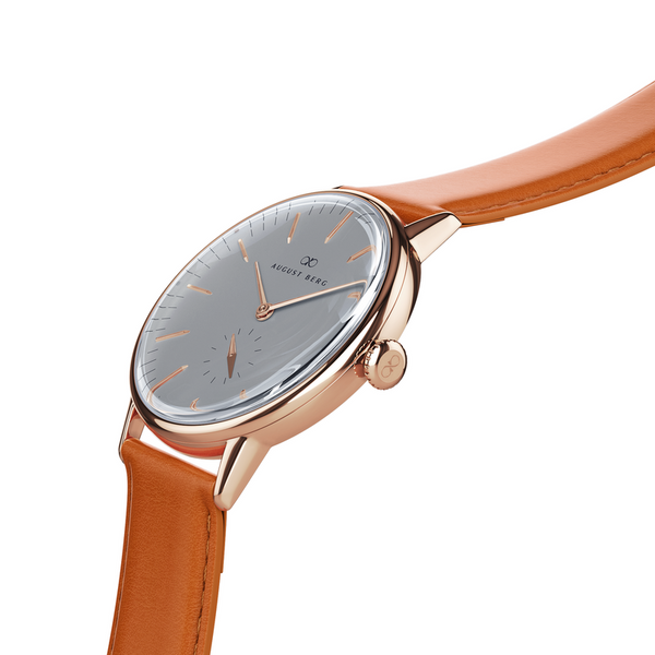 August Berg Nordic Granite Silver & Rose Gold Light Brown Leather Watch
