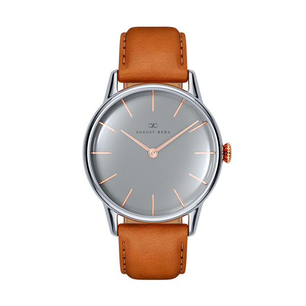 August Berg Nordic Granite Silver & Rose Gold Light Brown Leather Watch