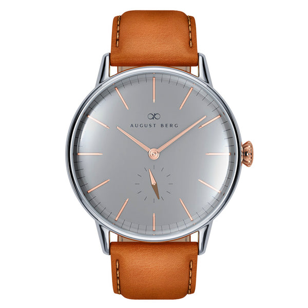 august berg Nordic Granite Silver & Rose Gold Light Brown Leather Watch