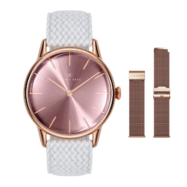 august berg Orchid Rose Gold Classic Mesh Strap & White Perlon Strap