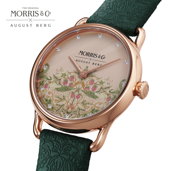 August Berg Petite Strawberry Thief Rose Gold Fennel Leather Strap Watch