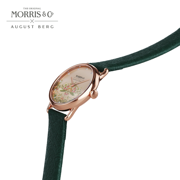 August Berg Petite Strawberry Thief Rose Gold Fennel Leather Strap Watch