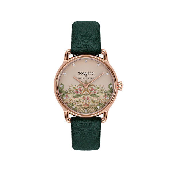 august berg Petite Strawberry Thief Rose Gold Fennel Leather Strap Watch