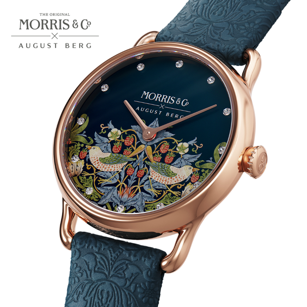 August Berg Petite Strawberry Thief Rose Gold Indigo Leather Strap Watch