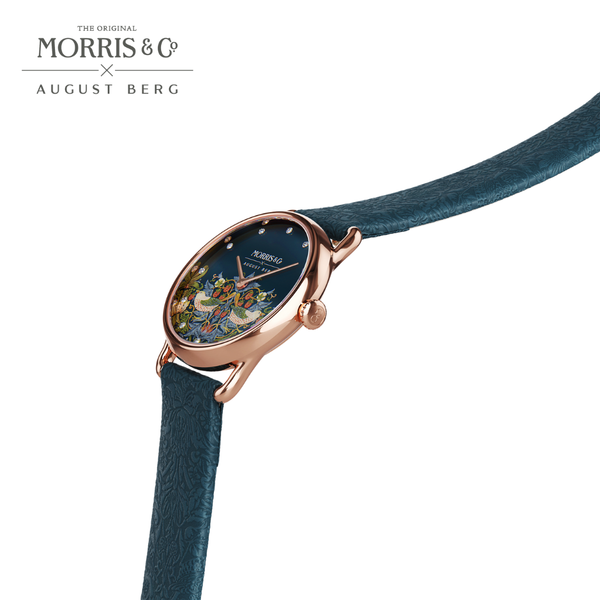 August Berg Petite Strawberry Thief Rose Gold Indigo Leather Strap Watch