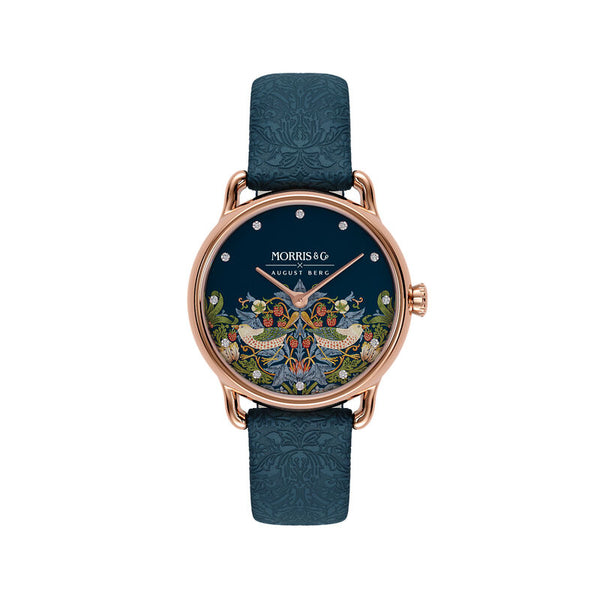 august berg Petite Strawberry Thief Rose Gold Indigo Leather Strap Watch