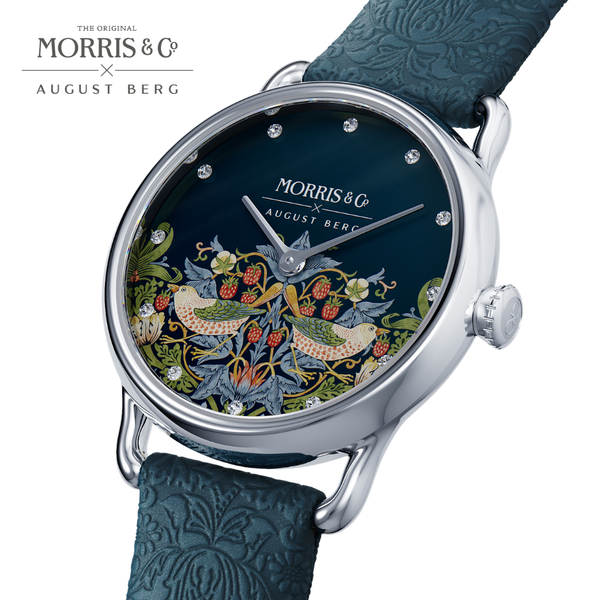 August Berg Petite Strawberry Thief Silver Indigo Leather Strap Watch