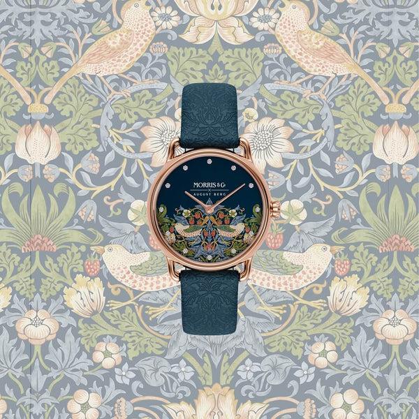 August Berg Petite Strawberry Thief Silver Indigo Leather Strap Watch