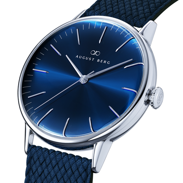 august Berg Serenity Silver Classic Deep Blue Watch With Blue Perlon Strap