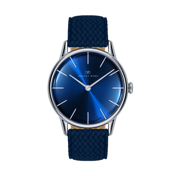 august Berg Serenity Silver Classic Deep Blue Watch With Blue Perlon Strap