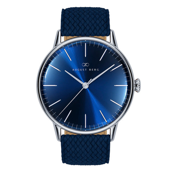 august berg Serenity Silver Classic Deep Blue Watch with Blue Perlon Strap