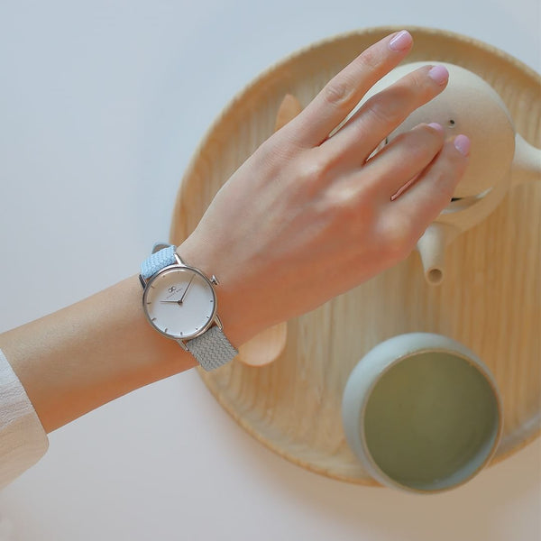 August Berg Silver Classic Dot Sky Blue Perlon Wrist Watch | August Berg