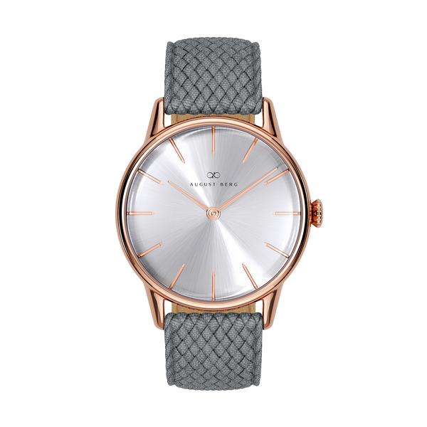 August Berg Simply Rose Gold Watch With Grey Perlon Strap