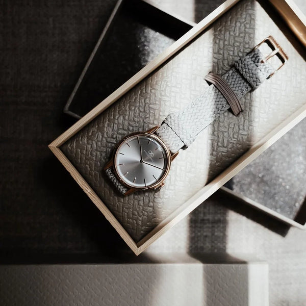 August Berg Simply Rose Gold Watch With Grey Perlon Strap