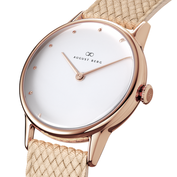 August Berg Simply Rose Gold Watch With Sand Cream Strap