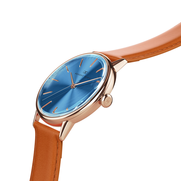 August Berg Sky Blue Dial Rose Gold Watch With Brown Strap