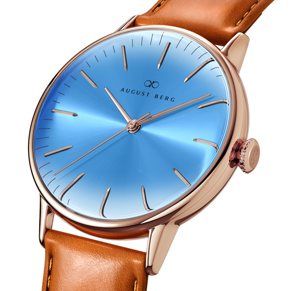 August Berg Sky Blue Dial Rose Gold Watch With Brown Strap