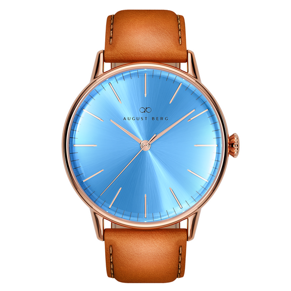 August Berg Sky Blue Dial Rose Gold Watch With Brown Strap
