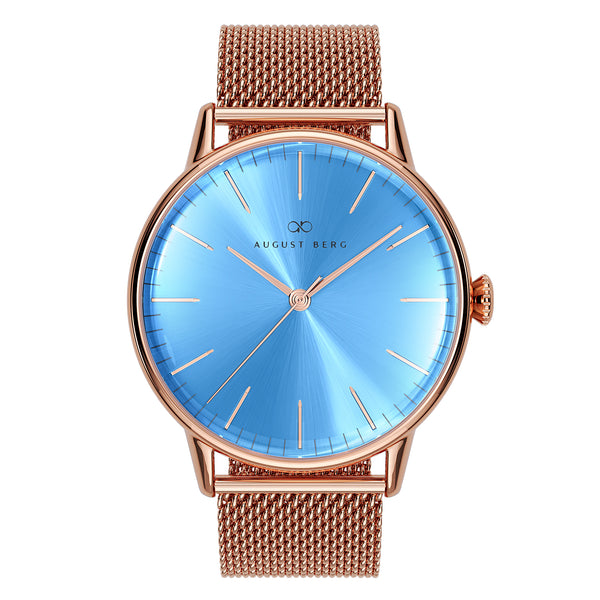 august berg Sky Blue Dial Rose Gold Watch With Rose Gold Mesh Strap