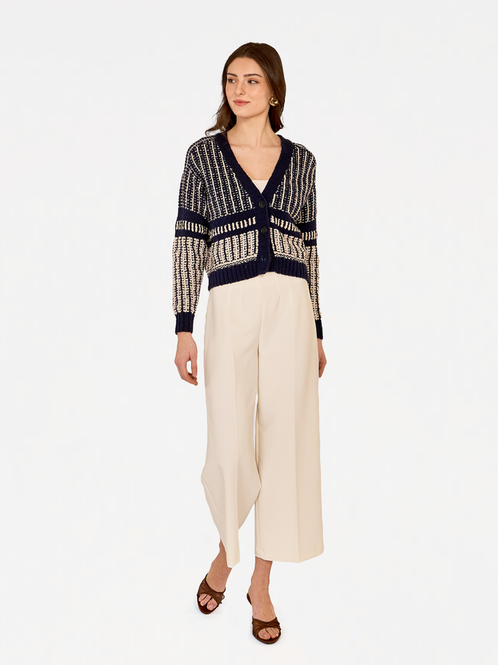 Autumn Cashmere 2-Tone Jacquard Cropped V-Neck Cardigan