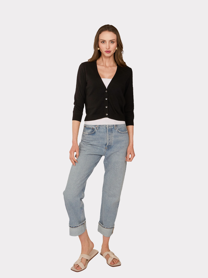 Autumn Cashmere 3/4 Sleeve V-Neck Baby Cardigan In Black