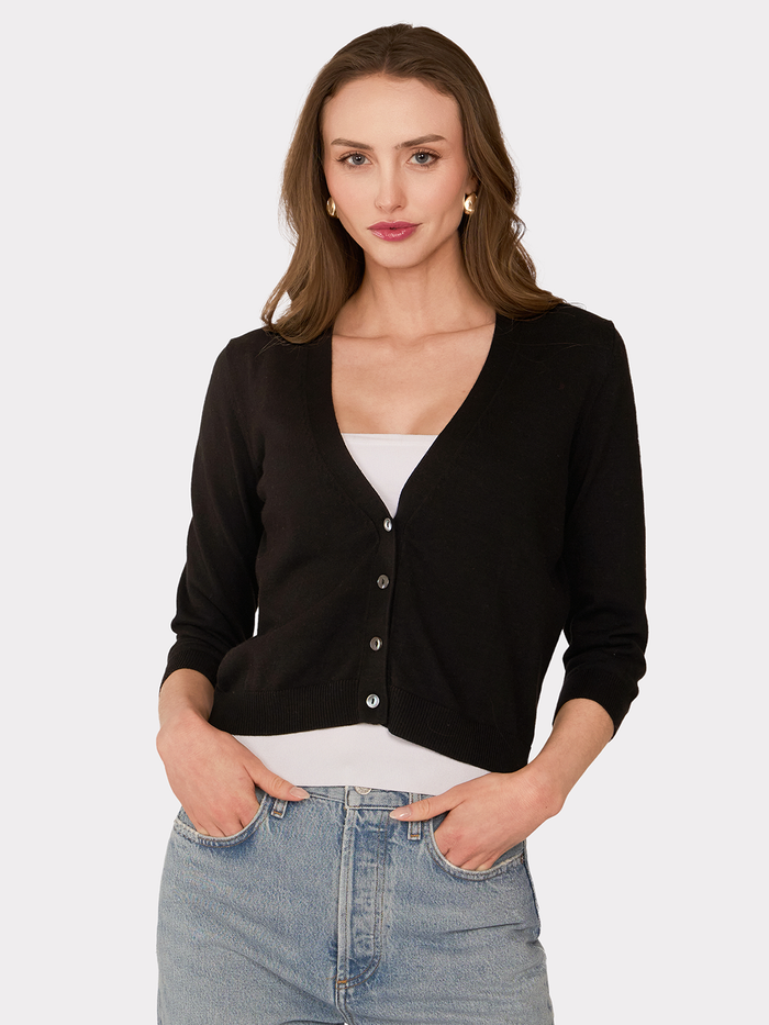 autumn cashmere 3/4 Sleeve V-Neck Baby Cardigan in Black